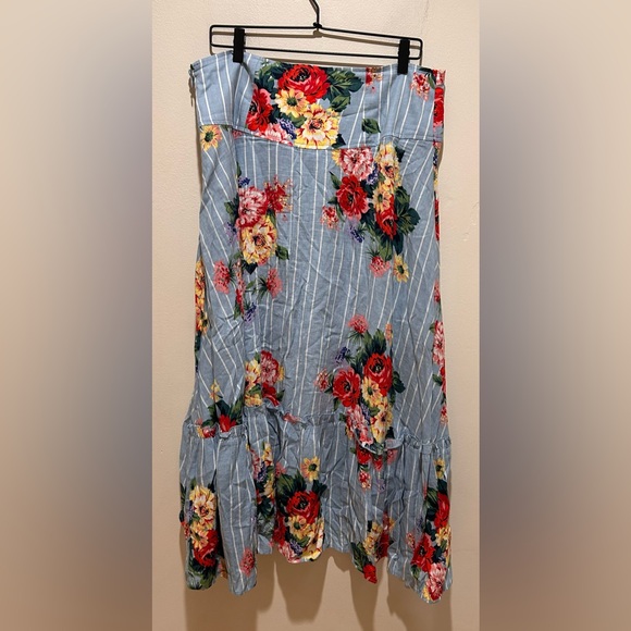 Maeve by Anthropologie Claudette Midi Linen Skirt - Baby Blue Striped Floral 14 - Picture 2 of 6